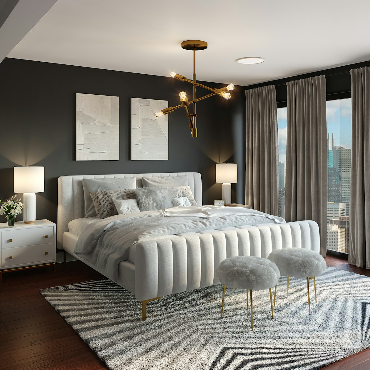 Chambre parentale avec carrelage imitation parquet chêne — Villa Saly