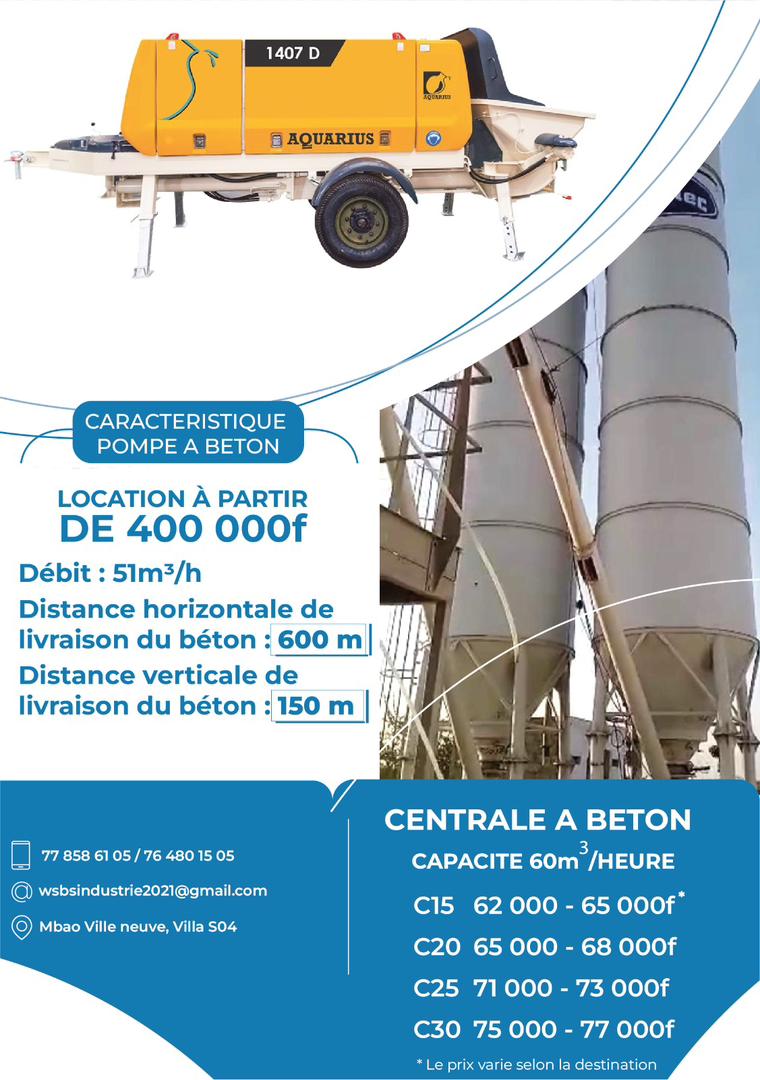 Location pompe à béton industrielle (à partir de 400 000 F)