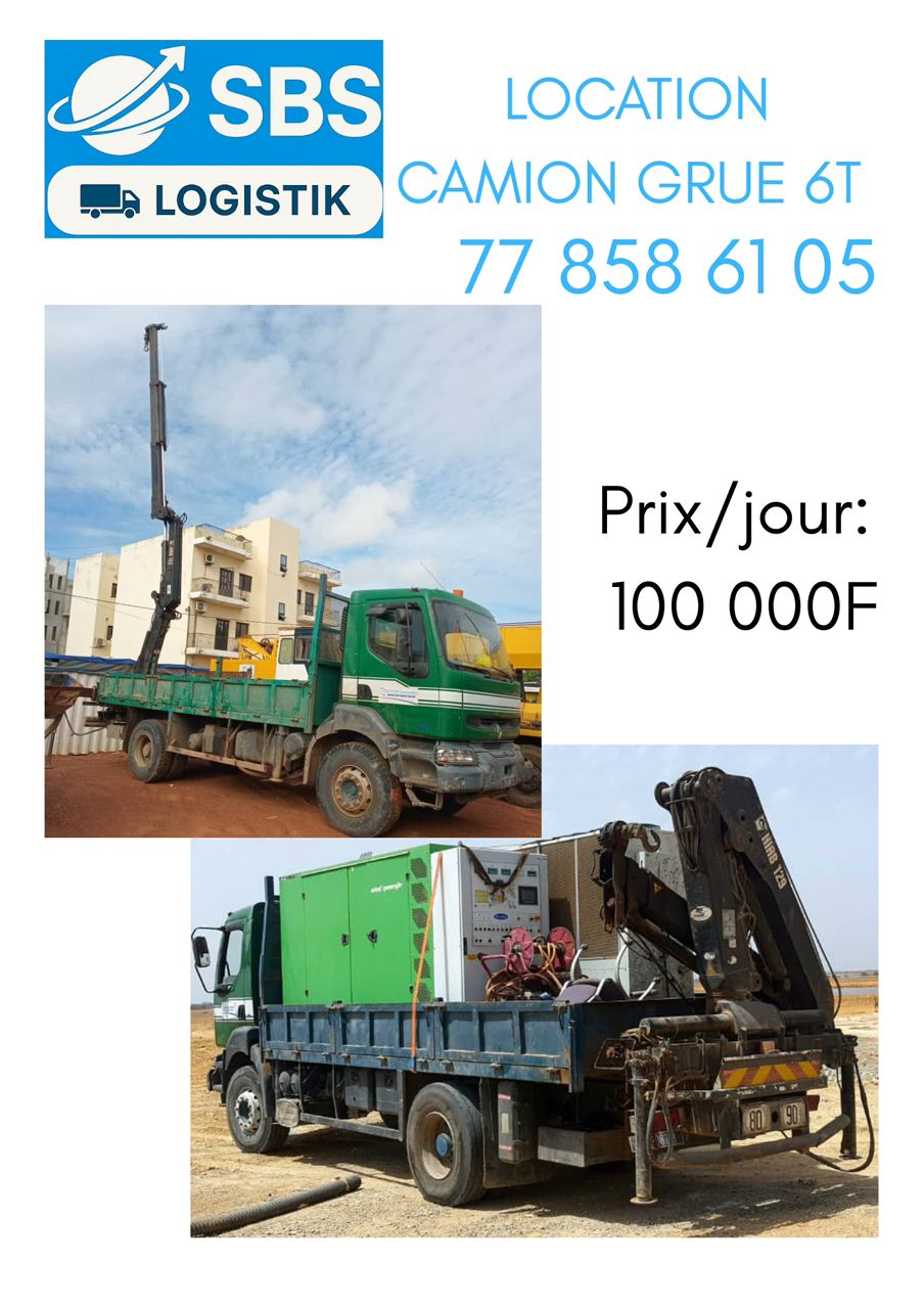 Location camion-grue 6T avec chauffeur (100 000 F/j)